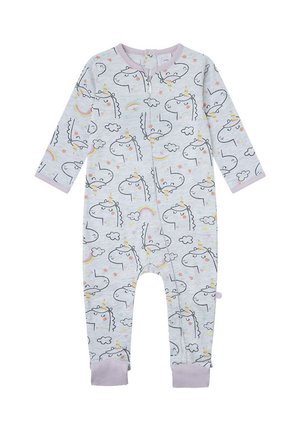 Pelele para bebé de color gris claro con motivos de unicornio, arcoíris, nube y estrella, con ribete lavanda y cierres de presión delanteros.