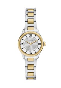 Zilveren en goudkleurige Fossil-horloge met een ronde kast, Romeinse cijfermarkeringen en een stalen armband met geborstelde en gepolijste afwerkingen.