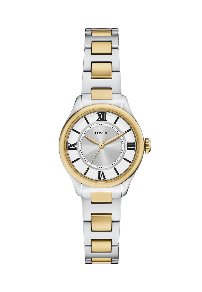 Zilveren en goudkleurige Fossil-horloge met een ronde kast, Romeinse cijfermarkeringen en een stalen armband met geborstelde en gepolijste afwerkingen.