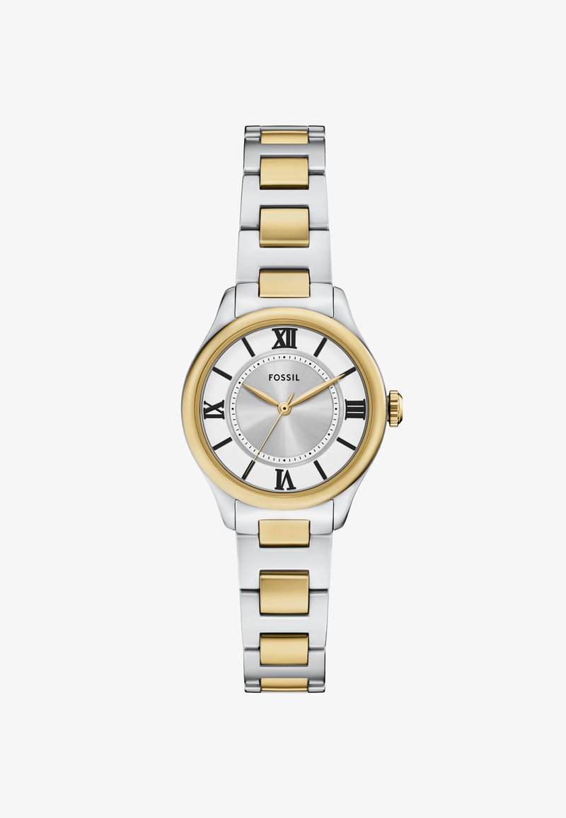 Zilveren en goudkleurige Fossil-horloge met een ronde kast, Romeinse cijfermarkeringen en een stalen armband met geborstelde en gepolijste afwerkingen.