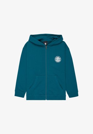 Azúrová mikina na zips s vreckami vpredu, kapucňou a malým bielym okrúhlym logom na ľavej strane hrudníka s nápisom "FIRE EARTH WIND WATER."