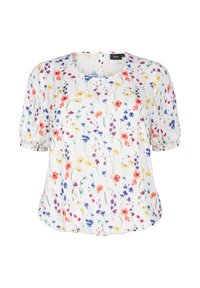 Lille õhupalliga varrukatega lilleline pluus, valge taust, millel on erksavärvilised lillemustrid punases, kollases, lillakas ja sinises. Elastsest materjalist alläär.