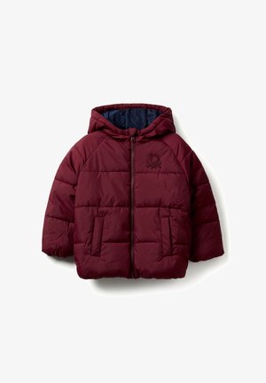 Maroon puffer jacket with a hood, featuring a blue interior, quilted design, front zipper, and two side pockets. Embroidered logo on the chest.