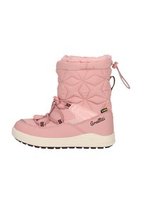 Rosa wasserdichte Winterstiefel mit einem gesteppten Nylon-Obermaterial, elastischem Kordelzugkragen und Gummisohle. Verfügt über dekorative Nähte und Branding.