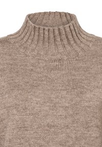 Beige gestrickter Rollkragenpullover mit gerippter Textur und hohem Kragen, aus weichem, warmem Material und nahtlosem Design.