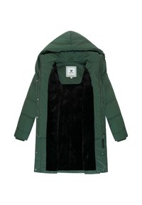 Grön puffjacka med dragkedja och tryckknappar. Inuti har den svart mjuk foder. Huva och quiltat mönster med långa ärmar.