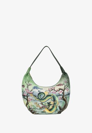 Grüne Schultertasche mit runder Form, ausgestattet mit Drachen- und Kirschblütenmotiven, Reißverschluss und glatter Textur.