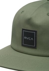 Green cap made of textured fabric, featuring a flat brim and a black square patch with the white letters "RVCA" on the front.