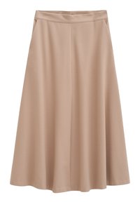 Beige, knielanger Rock aus weichem Stoff. Verfügt über einen breiten, nahtlosen Bund und eine fließende, A-Linie Silhouette ohne sichtbare Muster.