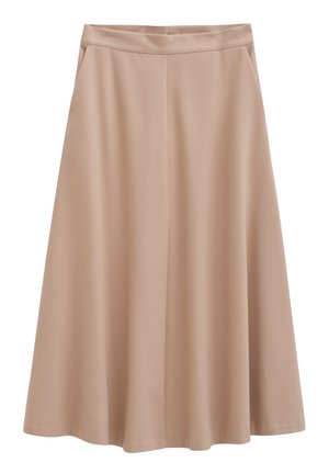 Beige, knielanger Rock aus weichem Stoff. Verfügt über einen breiten, nahtlosen Bund und eine fließende, A-Linie Silhouette ohne sichtbare Muster.