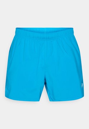 Zilas sporta šortus ar elastīgu jostu, gludu tekstūru un sānu kabatām. Uz apakšējās labās puses ir neliels logotips.