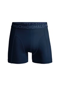 Temno mornarski boksarice z fitted dizajnom, elastičnim pasom z napisom "MUCHACHO MALO" in gladkim, raztegljivim materialom.