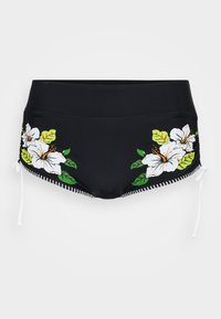 Black swim shorts with high waist, white and green hibiscus floral prints on sides, and white adjustable side ties with stitched edges.