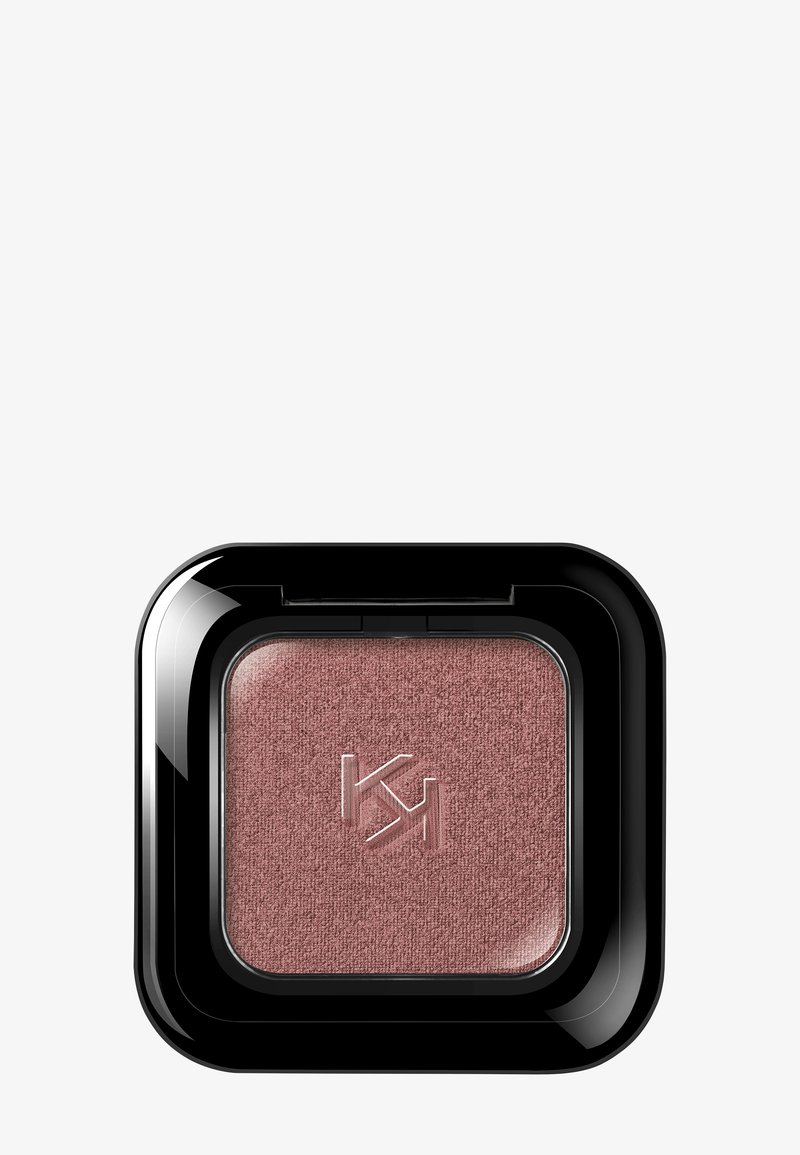 Single square pan of shimmery mauve eyeshadow with embossed "K" and "M" letters in glossy black compact.