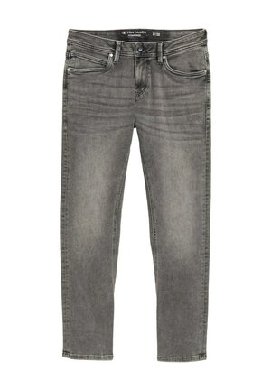 Šedé zúžené džíny vyrobené z denimu, s klasickým pětipocket designem, jemným prodřením na přední straně a zapínáním na zip s knoflíkem.