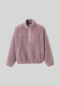 Pull-over en polaire rose avec demi-fermeture éclair, col haut, ourlet et poignets élastiques, et poches latérales, présentant une surface douce et texturée.