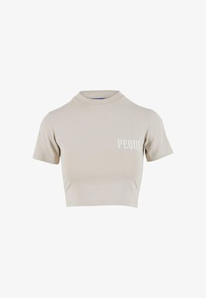 Trumpas t-shirt šviesiai bežėje, trumpomis rankovėmis, aukštu kaklu, su žodžiu "PEQUS" balta spalva kairėje krūtinės pusėje. Lygus paviršius.