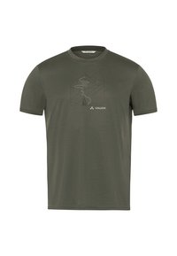 T-shirt à manches courtes vert olive en matière douce, arborant un graphique minimaliste de montagne et de chemin sur le devant. Logo VAUDE inclus.