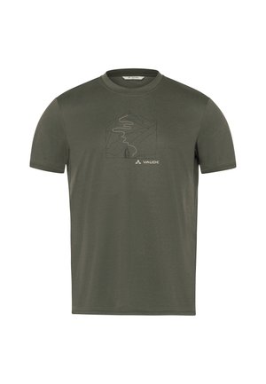 Olive green short-sleeve t-shirt made of soft material, featuring a minimalist mountain and path graphic on the front. VAUDE logo included.