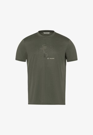 Olive green short-sleeve t-shirt made of soft material, featuring a minimalist mountain and path graphic on the front. VAUDE logo included.