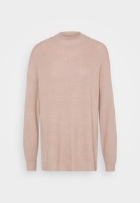 Maglione lavorato a maglia rosa chiaro con collo alto, maniche lunghe e texture a costine. Presenta una vestibilità comoda e un design senza cuciture sulle spalle.