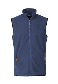 Marineblaues Fleece-West mit Stehkragen, Reißverschlussfront und zwei Seitentaschen, mit schwarzen Kanten und einem dezenten Logodetail.