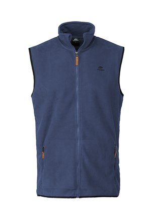 Navy blue fleece vest with a stand-up collar, zippered front, and two side pockets, featuring black edges and a subtle logo detail.