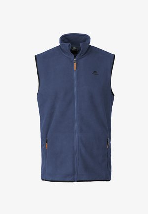 Marineblauwe fleece vest met een staande kraag, ritssluiting aan de voorkant en twee zijzakken, met zwarte randen en een subtiele logodetail.