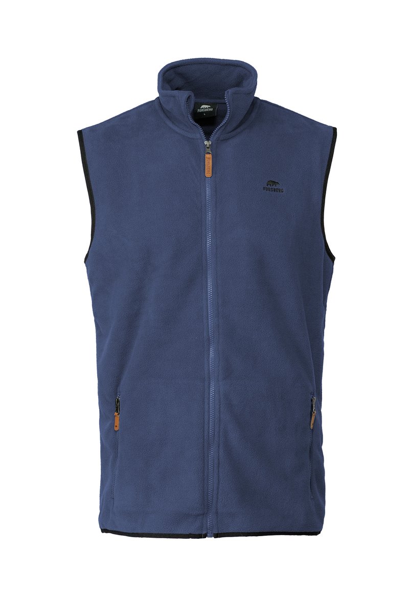 Marineblaues Fleece-West mit Stehkragen, Reißverschlussfront und zwei Seitentaschen, mit schwarzen Kanten und einem dezenten Logodetail.
