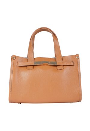 Borsa a mano in pelle color cuoio con doppio manico e una piccola targhetta metallica con il nome Marc Ellis sulla tracolla frontale.