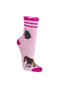 Kindersocke in Rosa mit weißen Punkten, dunkelrosa Akzenten, einem Pferdekopf in einem Kreis in der Nähe der Manschette und einem laufenden Pferd mit Fohlen nahe der Spitze.