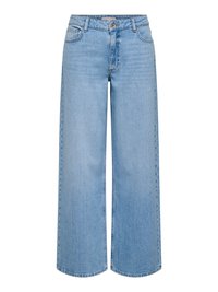 Jean en denim bleu clair à jambes larges avec fermeture à boutons et zip à l'avant, passants pour ceinture et poches avant.