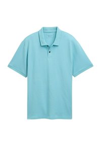 Lichtblauwe poloshirt van gestructureerde stof, met een klassieke kraag, een drie-knopen sluiting en korte mouwen.