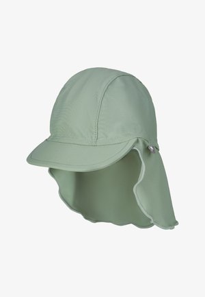 Green fabric sun hat with a wide brim, back flap, and stitched accents. Made of lightweight material suitable for sun protection.
