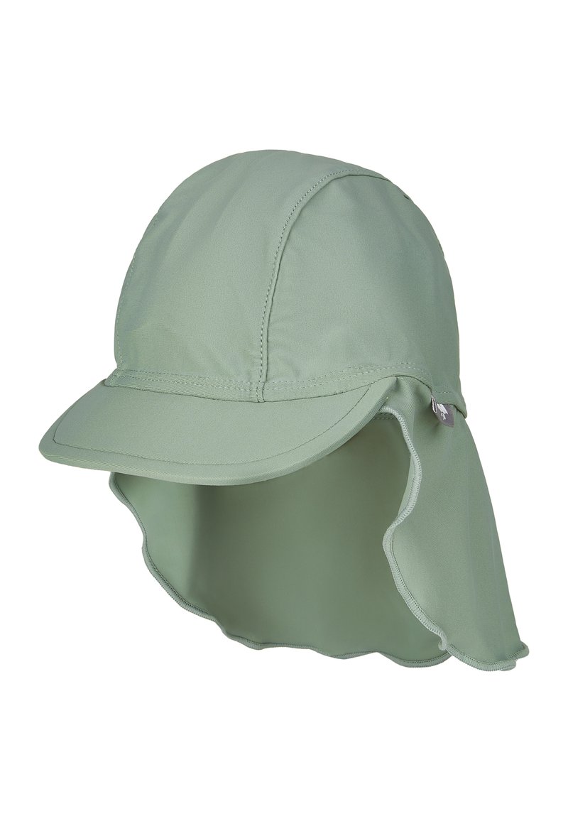 Grüner Stoff-Sonnenhut mit breiter Krempe, Rückenschlappe und gesteppten Akzenten. Hergestellt aus leichtem Material, das für Sonnenschutz geeignet ist.