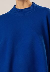Pull tricoté bleu avec un col rond côtelé, une texture douce, une coupe ample et des détails minimaux, mettant l'accent sur une couleur riche et un design confortable.