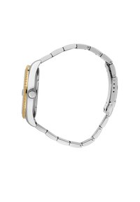 Silver stainless steel watch with a gold-tone bezel and textured crown. Features a link bracelet and a rectangular case design.