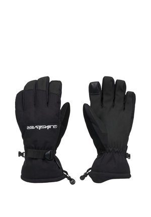 Pair of black insulated winter gloves with adjustable wrist straps and cinch cords, designed for cold weather protection.