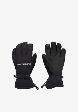 Paar zwarte geïsoleerde winterhandschoenen met verstelbare polsbanden en aansnoerkoorden, ontworpen voor bescherming tegen koude weersomstandigheden.