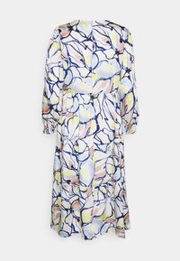 Vestido de tela ligera con estampado floral, que presenta mangas largas, cintura fruncida y un cierre de botón en la parte posterior. Los colores incluyen azul, amarillo y melocotón.