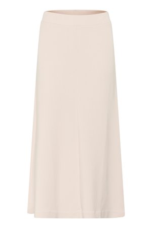 Fustă midi roz deschis, realizată dintr-un material neted, cu talie elastică lată și o croială evazată, cu tiv simplu.