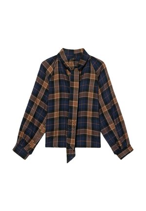Blusa a maniche lunghe a quadri marrone e blu con colletto annodato e cuciture delle spalle arricciate; presenta un'accentuata texture vicino all'orlo inferiore.