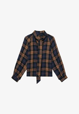 Blusa a maniche lunghe a quadri marrone e blu con colletto annodato e cuciture delle spalle arricciate; presenta un'accentuata texture vicino all'orlo inferiore.