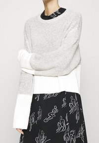 Pull tricoté gris clair et blanc avec texture côtelée, manches longues et ourlet court, porté sur une robe noire ornée de figures abstraites blanches.