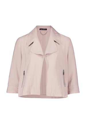 Giacca cropped rosa chiaro con colletto a punta, due tasche con zip e una texture liscia. Presenta una linea dritta e maniche rilassate.