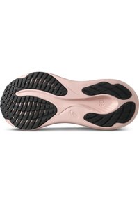 Shoe sole with a light pink upper and black textured rubber bottom. Features grooves and a wave pattern for traction.