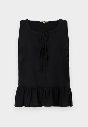 Μαύρη αμάνικη μπλούζα με ανοιχτό λαιμό, μπροστινές δέσεις και φουσκωτό τελείωμα. Φτιαγμένη από ελαφρύ ύφασμα με λεία υφή.