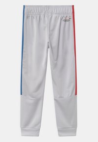 Gray athletic pants with red and blue side stripes. Made of smooth fabric, featuring an elastic waistband and ribbed cuffs at the ankle.