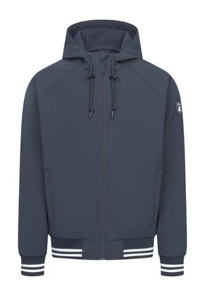 Marineblaue Kapuzenjacke mit Reißverschluss, verstellbaren Zugbändern und gestreiften Rippbündchen sowie Saum. Mit einem Logo-Patch auf der Brust.