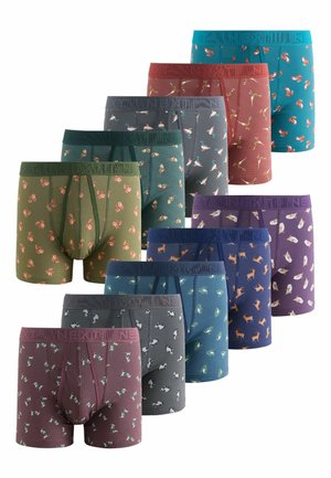 Desať párov pánskych boxeriek v rôznych farbách, každé s potlačou zvierat ako vtáky, líšky, jelene a ryby, usporiadané do striedavej formácie.